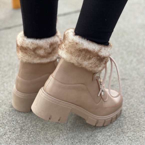 Taupe Lace-up Combat boot with faux fur ankle cuff - Picture 6 of 10